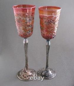 Domar Israel Hand Crafted Art Glass Sterling Silver Stem Wine Glasses