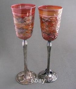 Domar Israel Hand Crafted Art Glass Sterling Silver Stem Wine Glasses