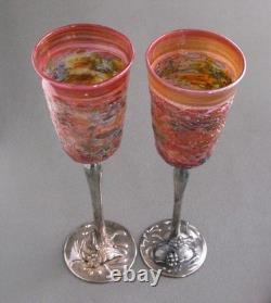 Domar Israel Hand Crafted Art Glass Sterling Silver Stem Wine Glasses