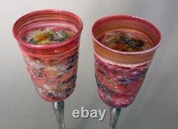 Domar Israel Hand Crafted Art Glass Sterling Silver Stem Wine Glasses