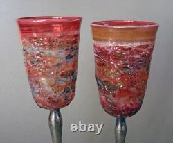Domar Israel Hand Crafted Art Glass Sterling Silver Stem Wine Glasses