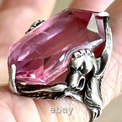 Dragon Pink Glass Ring Sz 5.5 Art Deco 1in Antique Sterling VTG Griffin