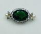 Dujay Vintage Signed Sterling Silver & Emerald Green Glass Pin Brooch