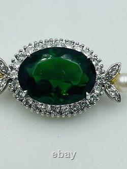 DuJay Vintage Signed Sterling Silver & Emerald Green Glass Pin Brooch