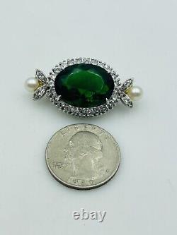 DuJay Vintage Signed Sterling Silver & Emerald Green Glass Pin Brooch