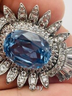 DuJay Vintage Sterling Silver Blue Glass & Rhinestone Pin Brooch