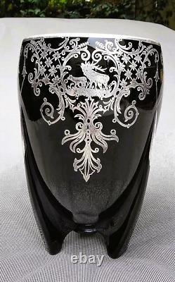 Duncan Miller 1930s Art Deco Black Glass & Sterling Silver Overlay Torpedo Vase