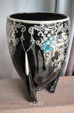 Duncan Miller 1930s Art Deco Black Glass & Sterling Silver Overlay Torpedo Vase
