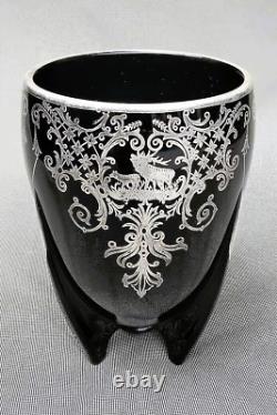 Duncan Miller 1930s Art Deco Black Glass & Sterling Silver Overlay Torpedo Vase
