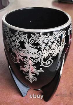 Duncan Miller 1930s Art Deco Black Glass & Sterling Silver Overlay Torpedo Vase