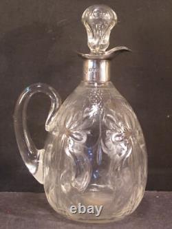 EARLY 1800's Sterling Silver HAND BLOWN MOLDED Glass Decanter Syrup Pitcher Lily