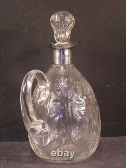 EARLY 1800's Sterling Silver HAND BLOWN MOLDED Glass Decanter Syrup Pitcher Lily