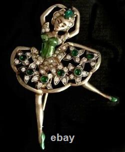EISENBERG Sterling Metallic Green Enamel Emerald Green & Diamante Ballerina Pin