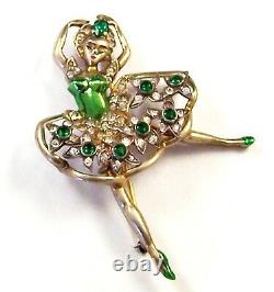EISENBERG Sterling Metallic Green Enamel Emerald Green & Diamante Ballerina Pin