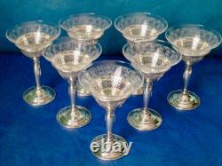 ELGIN Sterling Silver Clear Etched Glass Wine Glasses American Antique Set of 7