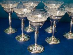 ELGIN Sterling Silver Clear Etched Glass Wine Glasses American Antique Set of 7