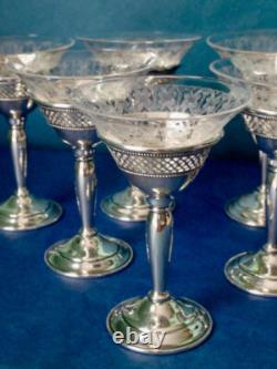 ELGIN Sterling Silver Clear Etched Glass Wine Glasses American Antique Set of 7