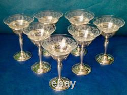 ELGIN Sterling Silver Clear Etched Glass Wine Glasses American Antique Set of 7 ELGIN Sterling Silver Clear Etched Glass Wine Glasses American Antique Set of 7