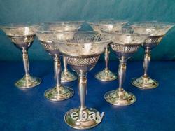 ELGIN Sterling Silver Clear Etched Glass Wine Glasses American Antique Set of 7