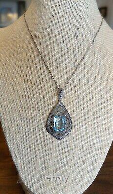 Edwardian Sterling Filigree Aquamarine or Glass Large Pendant Paperclip Chain