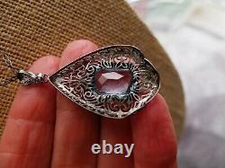 Edwardian Sterling Filigree Aquamarine or Glass Large Pendant Paperclip Chain