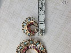 Eisenberg 1940s Sterling Silver Brooch Blue Red Glass Stones GLOWS! READ BELOW
