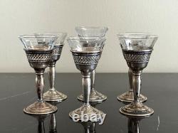 El-Sil-Co Sterling Silver and Etched Glass Set of 6 Liqueur Cordial Glasses