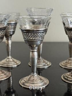 El-Sil-Co Sterling Silver and Etched Glass Set of 6 Liqueur Cordial Glasses