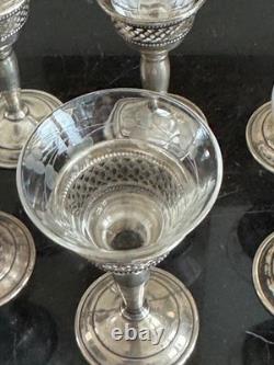 El-Sil-Co Sterling Silver and Etched Glass Set of 6 Liqueur Cordial Glasses