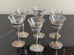 El-Sil-Co Sterling Silver and Etched Glass Set of 6 Liqueur Cordial Glasses