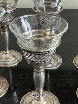 El-Sil-Co Sterling Silver and Etched Glass Set of 6 Liqueur Cordial Glasses