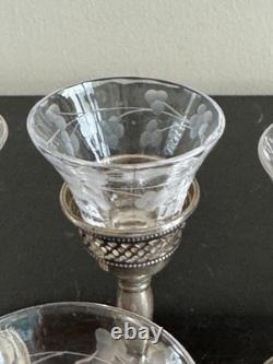 El-Sil-Co Sterling Silver and Etched Glass Set of 6 Liqueur Cordial Glasses