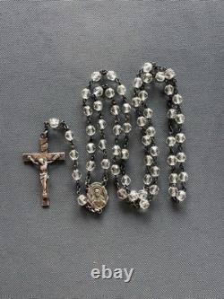 Elegant Vintage Creed Sterling Silver Rosary Clear Faceted Glass Beads Catholic