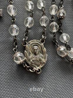 Elegant Vintage Creed Sterling Silver Rosary Clear Faceted Glass Beads Catholic