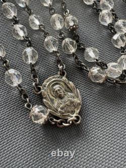 Elegant Vintage Creed Sterling Silver Rosary Clear Faceted Glass Beads Catholic