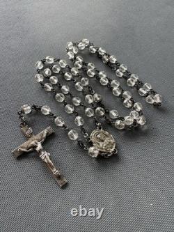 Elegant Vintage Creed Sterling Silver Rosary Clear Faceted Glass Beads Catholic