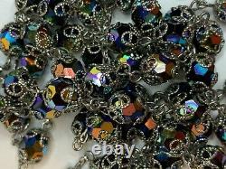 Enormous Sterling Peacock Art Capped Glass Rosary 38 1/2 Necklace 80 Grams