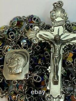 Enormous Sterling Peacock Art Capped Glass Rosary 38 1/2 Necklace 80 Grams