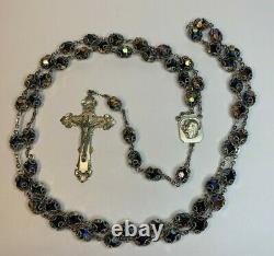 Enormous Sterling Peacock Art Capped Glass Rosary 38 1/2 Necklace 80 Grams