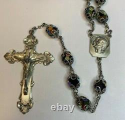 Enormous Sterling Peacock Art Capped Glass Rosary 38 1/2 Necklace 80 Grams