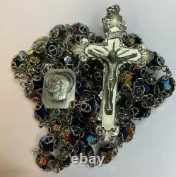 Enormous Sterling Peacock Art Capped Glass Rosary 38 1/2 Necklace 80 Grams