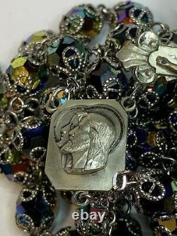 Enormous Sterling Peacock Art Capped Glass Rosary 38 1/2 Necklace 80 Grams