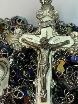 Enormous Sterling Peacock Art Capped Glass Rosary 38 1/2 Necklace 80 Grams