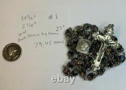 Enormous Sterling Peacock Art Capped Glass Rosary 38 1/2 Necklace 80 Grams