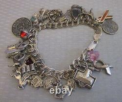 Estate 28P STERLING SILVER CHARM BRACELET full loaded figural enamel gemstone 8