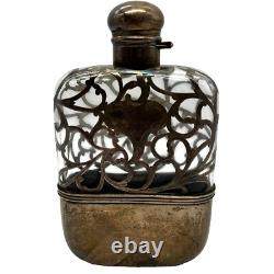 Estate Antique Sterling Silver Ornate Filigree Overlay On Glass Gentlemans Flask
