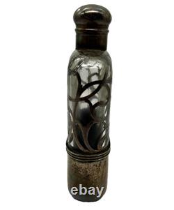 Estate Antique Sterling Silver Ornate Filigree Overlay On Glass Gentlemans Flask