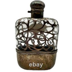 Estate Antique Sterling Silver Ornate Filigree Overlay On Glass Gentlemans Flask