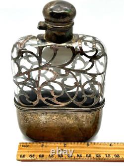 Estate Antique Sterling Silver Ornate Filigree Overlay On Glass Gentlemans Flask