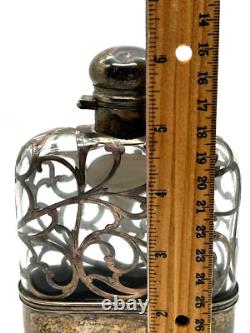 Estate Antique Sterling Silver Ornate Filigree Overlay On Glass Gentlemans Flask